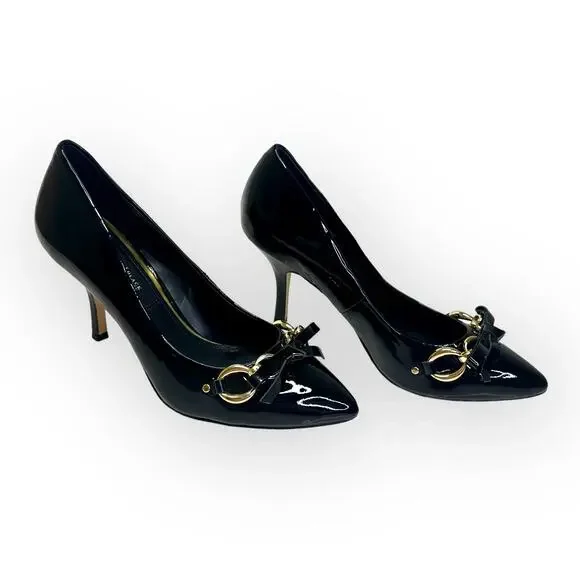 White House Black Market Gabriele Pump Size 6 Black Patent Leather Bow Chain Toe - Picture 7 of 12